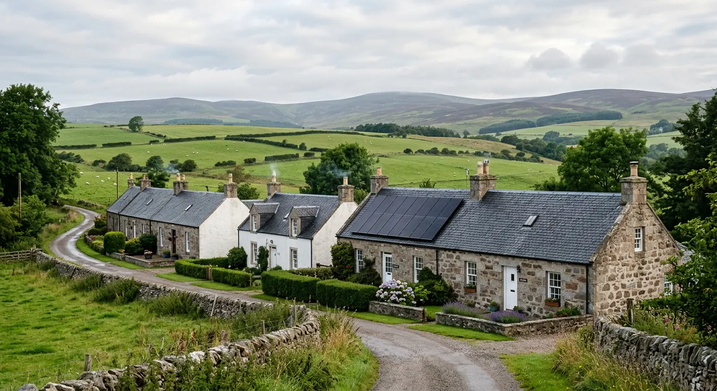 Row of grey stone cottages in an Aberdeenshire village with solar panels on their slate roofs
