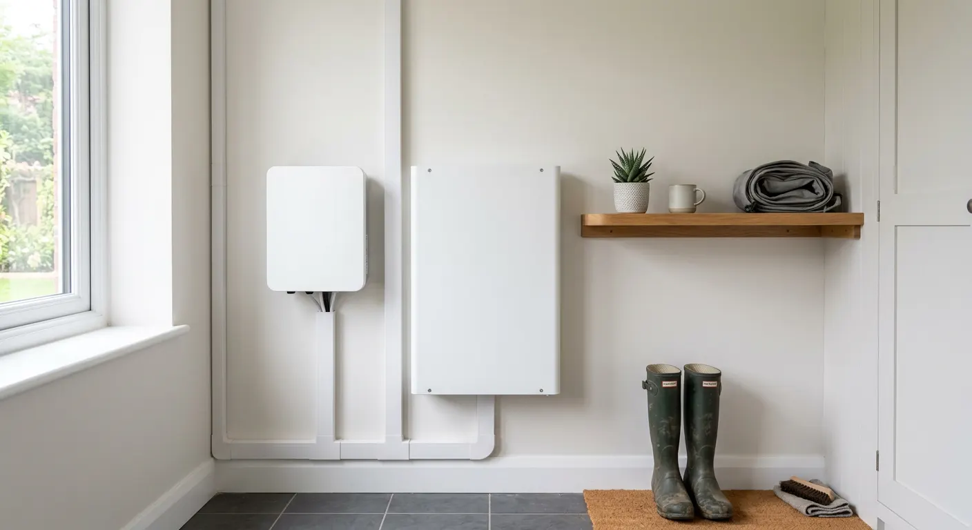 Plain white home battery unit and hybrid inverter mounted on the wall of a tidy utility room