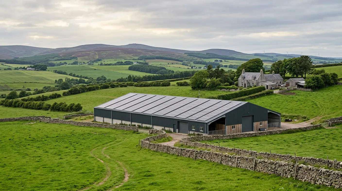 Agricultural steel barn in Aberdeenshire with rows of solar panels across its roof and fields beyond
