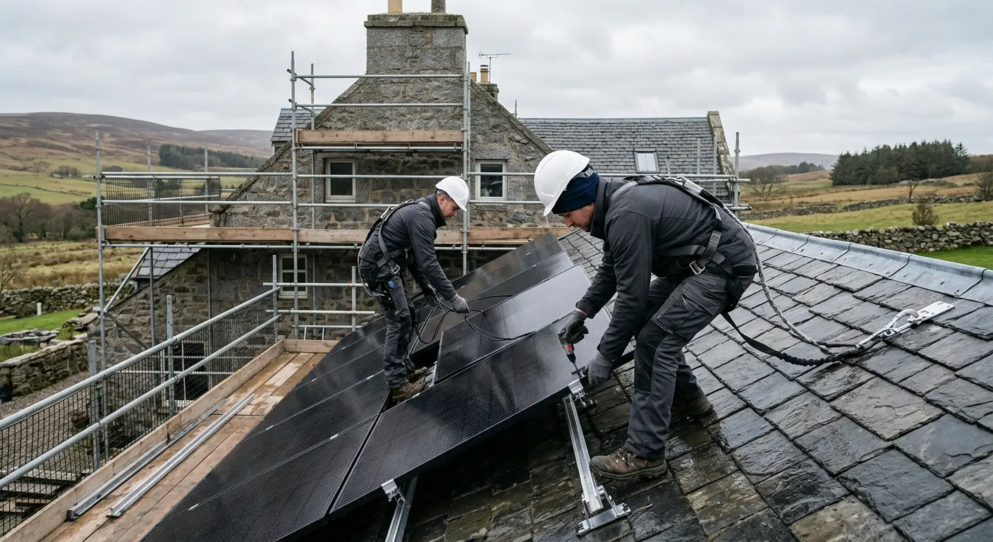 Two installers in plain workwear and harnesses fitting solar panels to the slate roof of a granite house